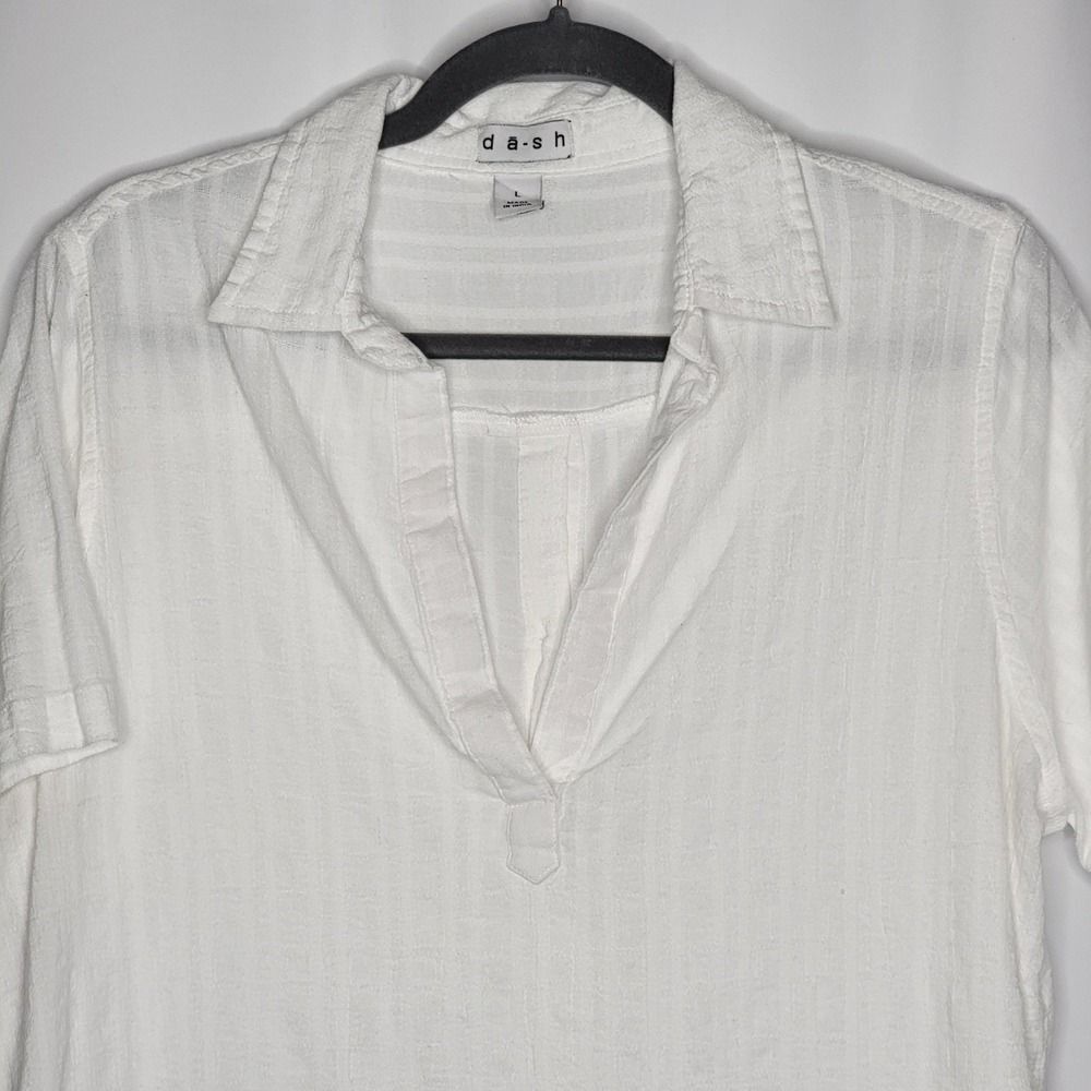 Dash Top Blouse L White Cotton Rayon Button Back Pull Over Vneck Boho Minimalist - Picture 3 of 9